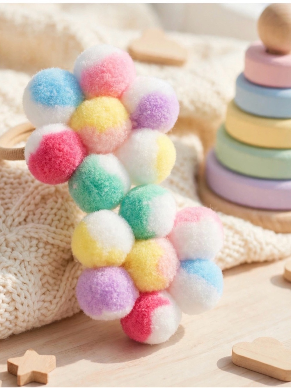 Colorful Pom-Pom Hair Clip for Kids - Pastel Multicolor
